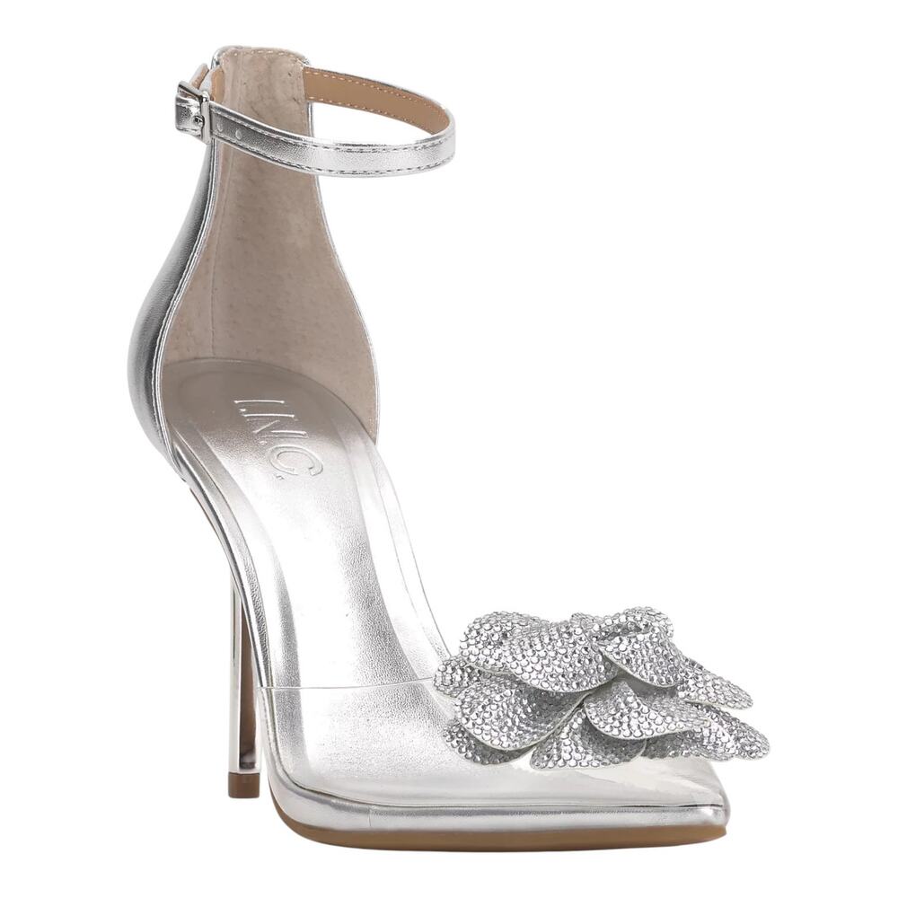 INC Sheona Flower Ankle Strap High Heel Pumps Silver Bling Size 5 1/2